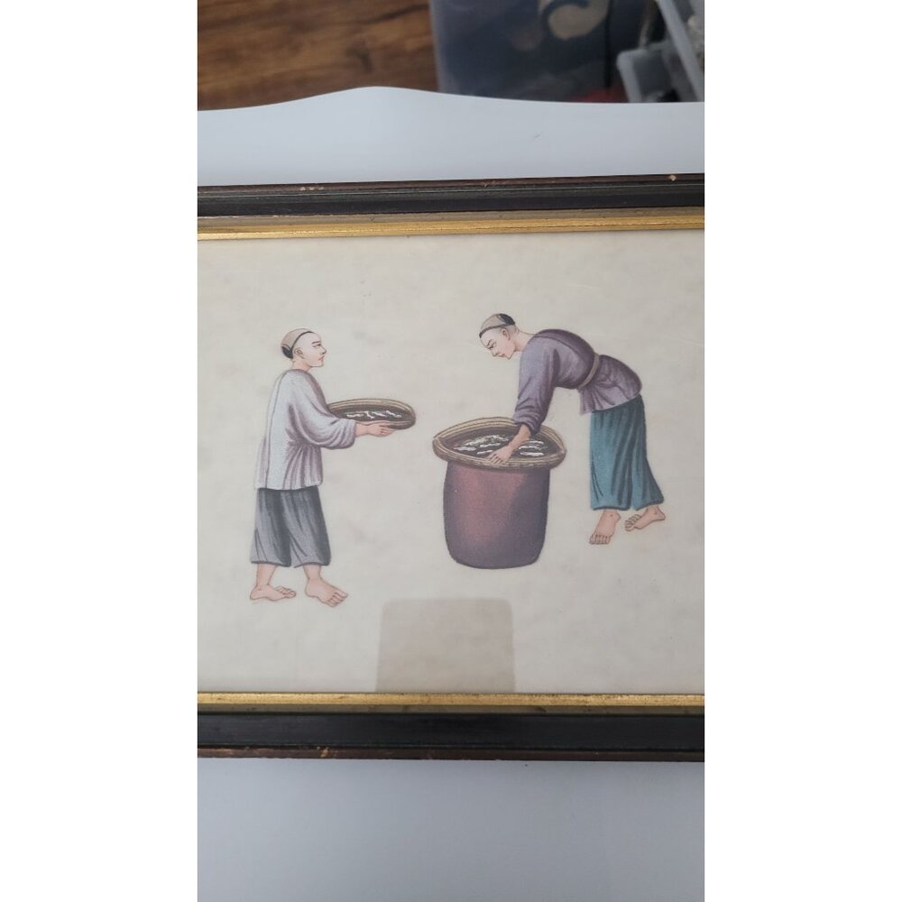 Vintage Chinese cartoon on rice or pith paper - framed